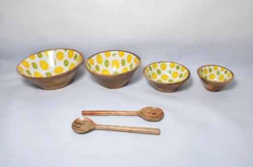 WOODEN SERVING BOWL (YELLOW PRINT)