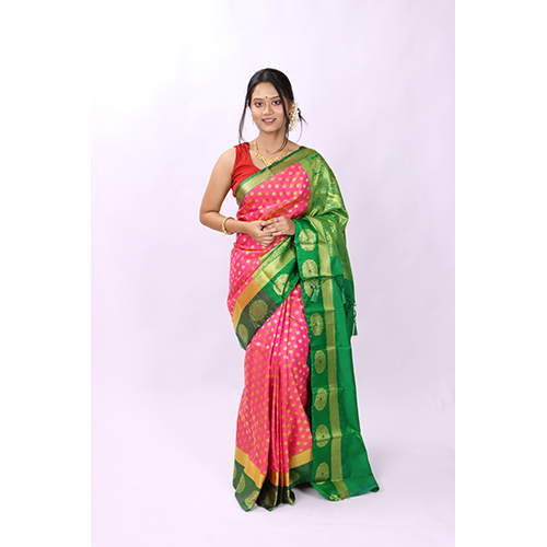 Peach Pink and Green Kanjivaram Silk Saree