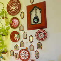 Hand Printed Wall Plate Set With Mirror And Wooden Jharokha