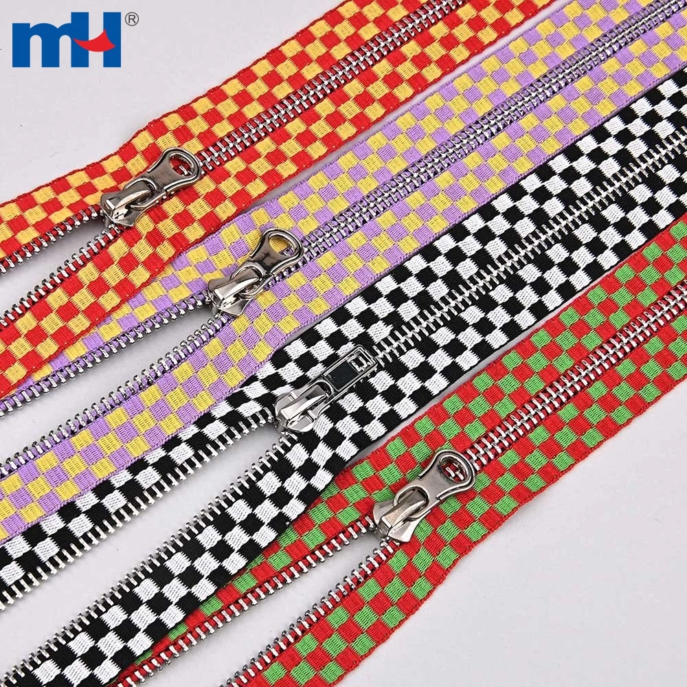 Yarn-Dyed Zipper No. 5 Metal Zipper Checkered Tape Zipper Brass Silver Teeth Zipper