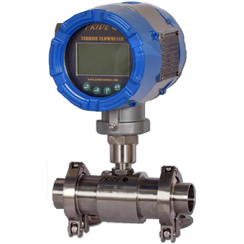 Pride Turbine Sanitary Flowmeter - Stainless Steel, Different Sizes Available, Blue Color | 24 V DC Power Supply, 0.5% Accuracy