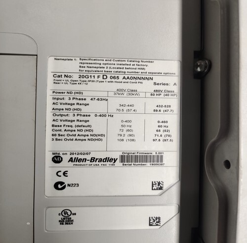 ALLEN BRADLEY 20G11F D 065 AA0NNNNN AC DRIVE