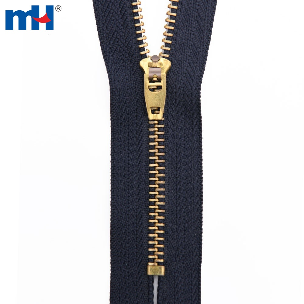 Brass Jean Zipper Non-Separating Zip No.4 Closed-End Metal Zipper Gold and Silver Teeth Zipper