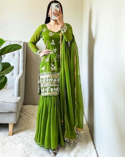 Green georgette kurti and palazzo