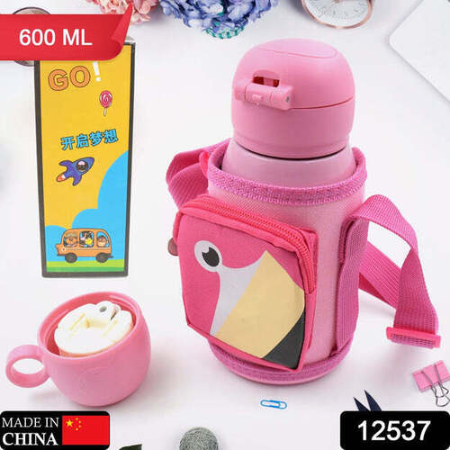 OVE BABY CUTE ANIMALS PRINTS KIDS BOTTLE SIPPER FOR HOT N COLD WATER MILK JUICE WITH BOTTLE COVER CUP  ZIP POCKET AND  STRAW TO KEEP THINGS ORANGE GREEN PINK COLORS FOR OUTDOOR OFFICE GYM/SCHOOL