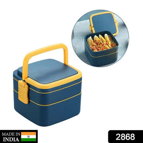 BLUE DOUBLE-LAYER PORTABLE LUNCH BOX STACKABLE WITH CARRYING HANDLE AND SPOON LUNCH BOX