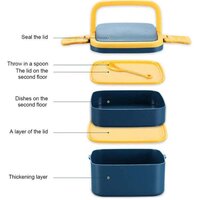 BLUE DOUBLE-LAYER PORTABLE LUNCH BOX STACKABLE WITH CARRYING HANDLE AND SPOON LUNCH BOX
