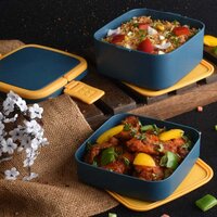 BLUE DOUBLE-LAYER PORTABLE LUNCH BOX STACKABLE WITH CARRYING HANDLE AND SPOON LUNCH BOX
