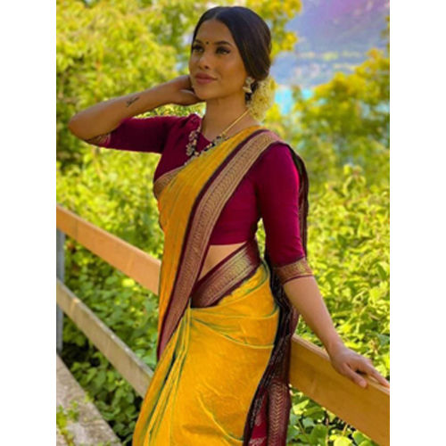 Different Available Yellow Color With Mehroon Boader Silk Saree