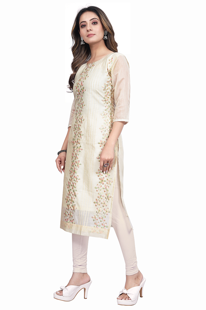 Chanderi Cotton Embrodered Work White Kurti