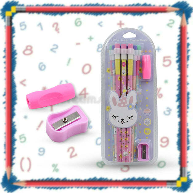CUTE RABBIT BEAR DRAWING GRAPHITE WRITING PENCIL SET WITH PENCIL SHARPENER AND  ERASER PENCIL AND ERASER SET