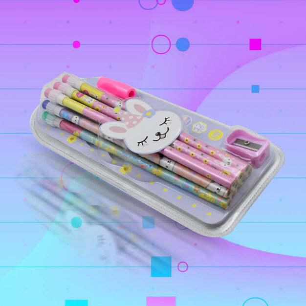 CUTE RABBIT BEAR DRAWING GRAPHITE WRITING PENCIL SET WITH PENCIL SHARPENER AND  ERASER PENCIL AND ERASER SET