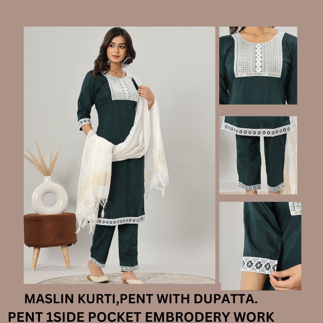 O5 GREEN WOMEN KURTI PENT WITH DUPATA 3 PIS