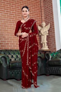 Cutwork Border Net Base Crepe Saree For Indian Wedding-16836