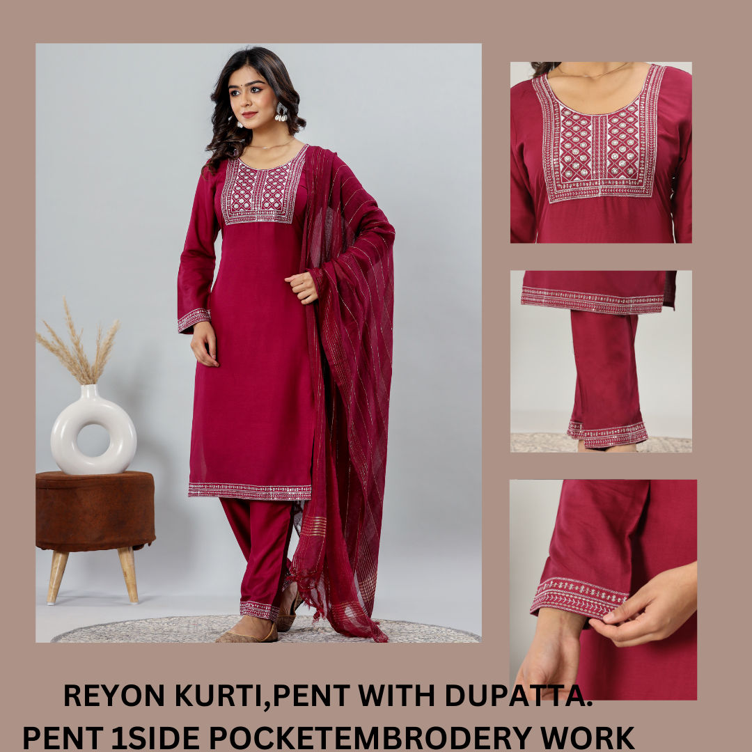 WOMEN KURTI PENT WITH DUPATA 3 PIECE O6 Ruby Red