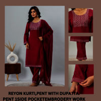 WOMEN KURTI PENT WITH DUPATA 3 PIECE O6 Ruby Red