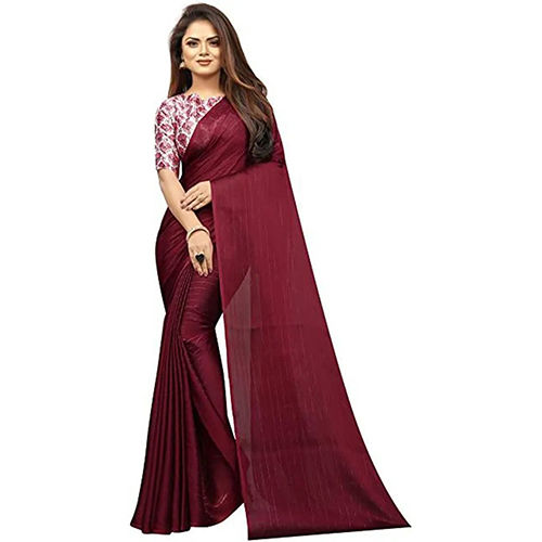 Maroon Chiffon Stripped Sari with Unstitched Blouse
