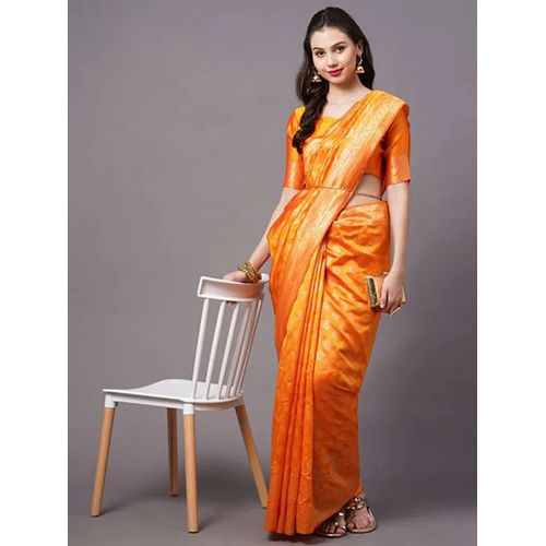 Printed Orange Jacquard Embellished Sari With Unstiched Blouse