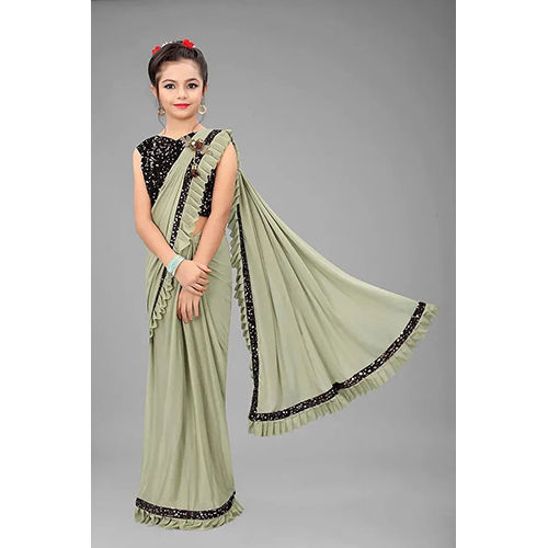 Green Ready to Wear Lycra Blend Embellished Sari With Unstiched Blouse