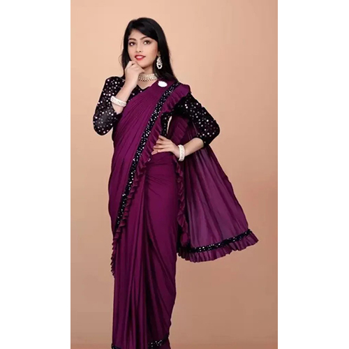Black Ready to wear Lycra Blend Embellished and Solid-Plain sari with Unstiched Blouse