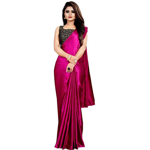 Magenta Satin Solid Plain Sari with Unstiched Blouse