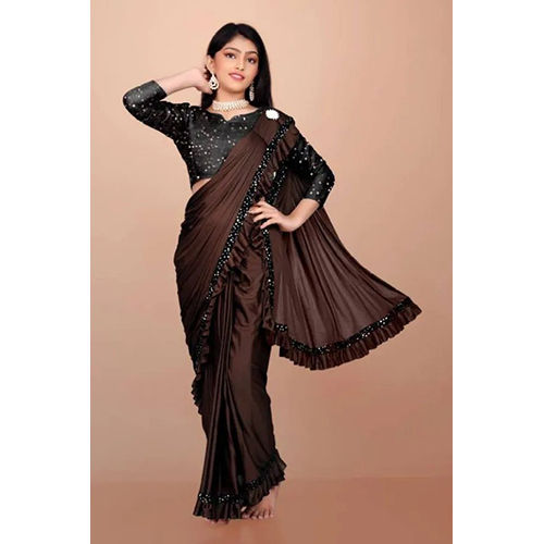 Brown Black Ready To Wear Lycra Blend Embellished And Solid Plain Sari With Unstiched Blouse