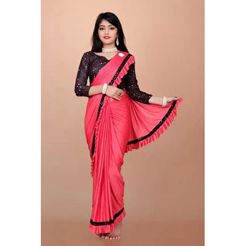 Pink Ready to Wear Lycra Blend Embellished and Solid Plain Sari With Unstiched Blouse