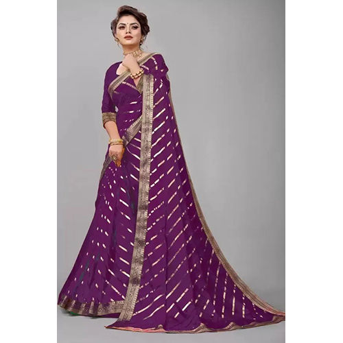 Printed Purple Ready To Wear Art Silk Striped Sari With Unstiched Blouse