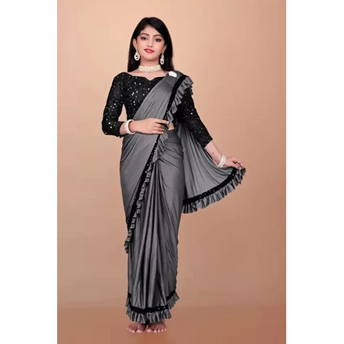 Black Ready to wear Lycra Blend Embellished and Solid-Plain sari with Unstiched Blouse