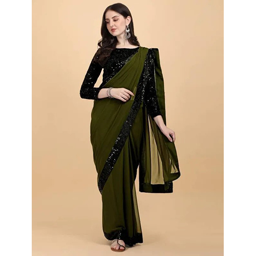 Black Georgette Embellished sari with Unstiched Blouse