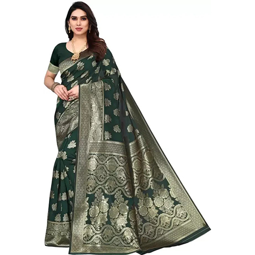 Green Jacquard Embellished sari with Unstiched Blouse