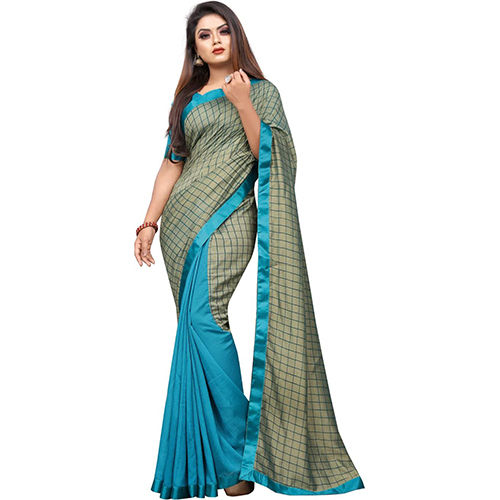 Blue Light Green Art Silk Checkered Sari With Unstiched Blouse