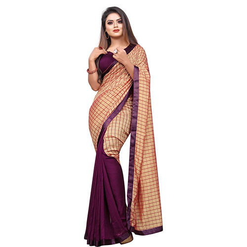 Purple Art Silk Checkered sari with Unstiched Blouse