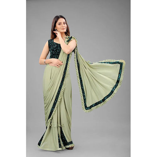 Light Green Ready to Wear Lycra Blend Embellished Sari With Unstiched Blouse