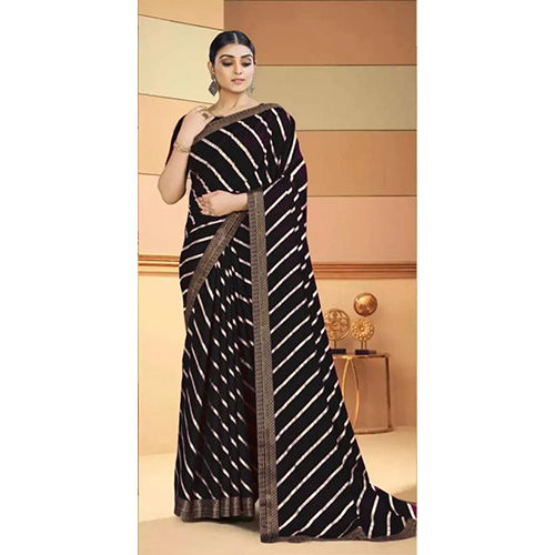 Black Cotton Silk Striped sar with Unstiched Blouse