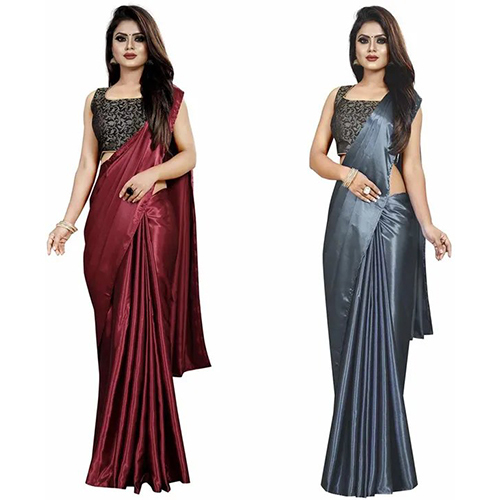 Maroon and Grey Satin Solid-Plain Pack of 2 sari with Unstiched Blouse