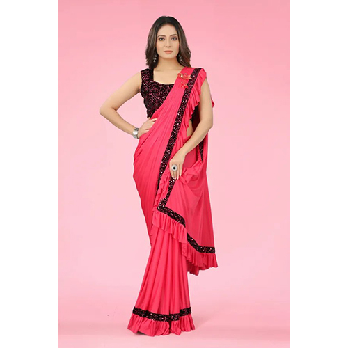 Pink Ready to Wear Lycra Blend Embellished Sari With Unstiched Blouse