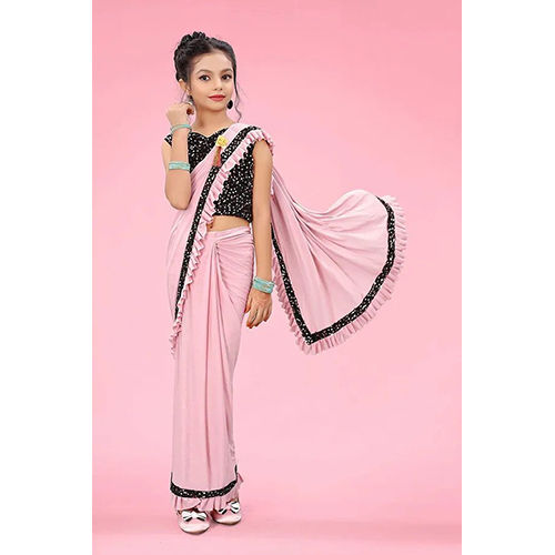 Pink Ready to wear Lycra Blend Embellished sari with Unstiched Blouse