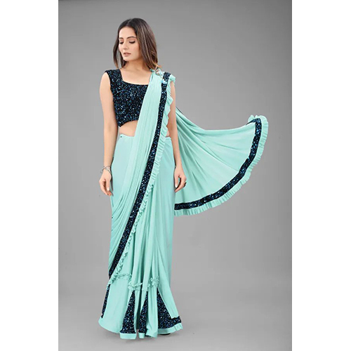 Light Blue Ready to Wear Lycra Blend Embellished Sari With Unstiched Blouse