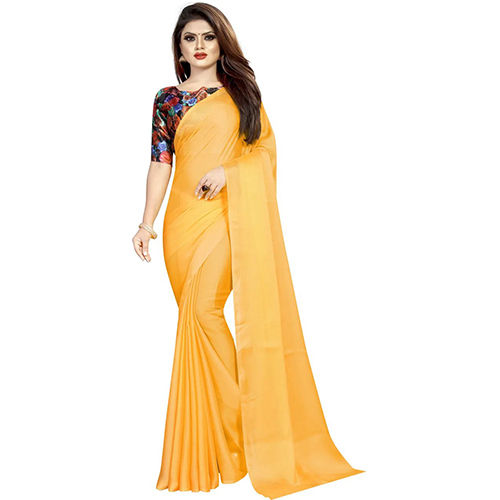 Casual Yellow Chiffon Solid-Plain Sari With Unstiched Blouse