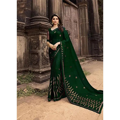 Ethnic Green Jacquard Embellished Sari With Unstiched Blouse