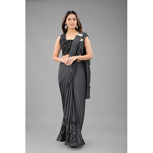 Grey Ready to wear Lycra Blend Embellished sari with Unstiched Blouse