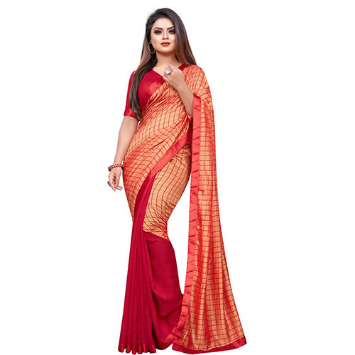 Ethnic Red Art Silk Checkered Sari With Unstiched Blouse