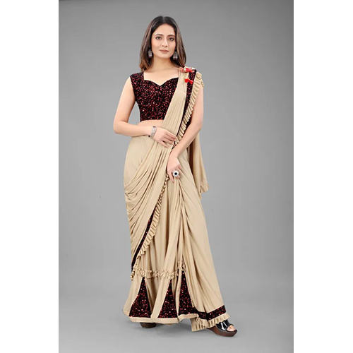 Beige Ready to Wear Lycra Blend Embellished Sari With Unstiched Blouse