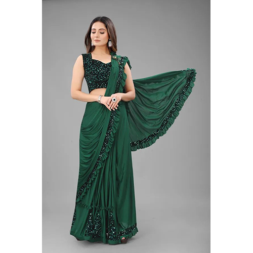 Green Ready to Wear Lycra Blend Embellished Sari With Unstiched Blouse