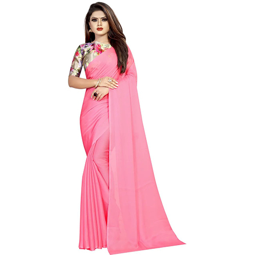 Pink Chiffon Solid Plain Sari with Unstiched Blouse