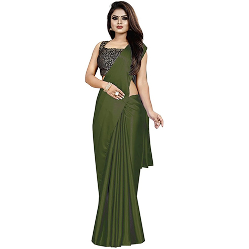 Dark Green Satin Solid-Plain sari with Unstiched Blouse