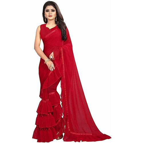 Red Chiffon Striped sari with Unstiched Blouse