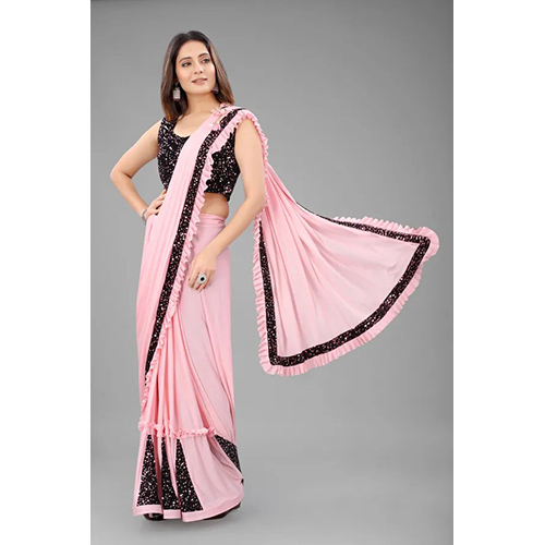 Pink Ready to wear Lycra Blend Embellished sari with Unstiched Blouse