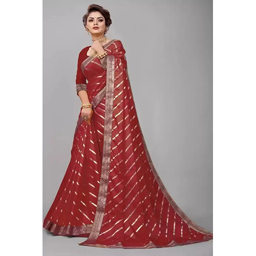 Maroon Ready to wear Art Silk Striped sari with Unstiched Blouse